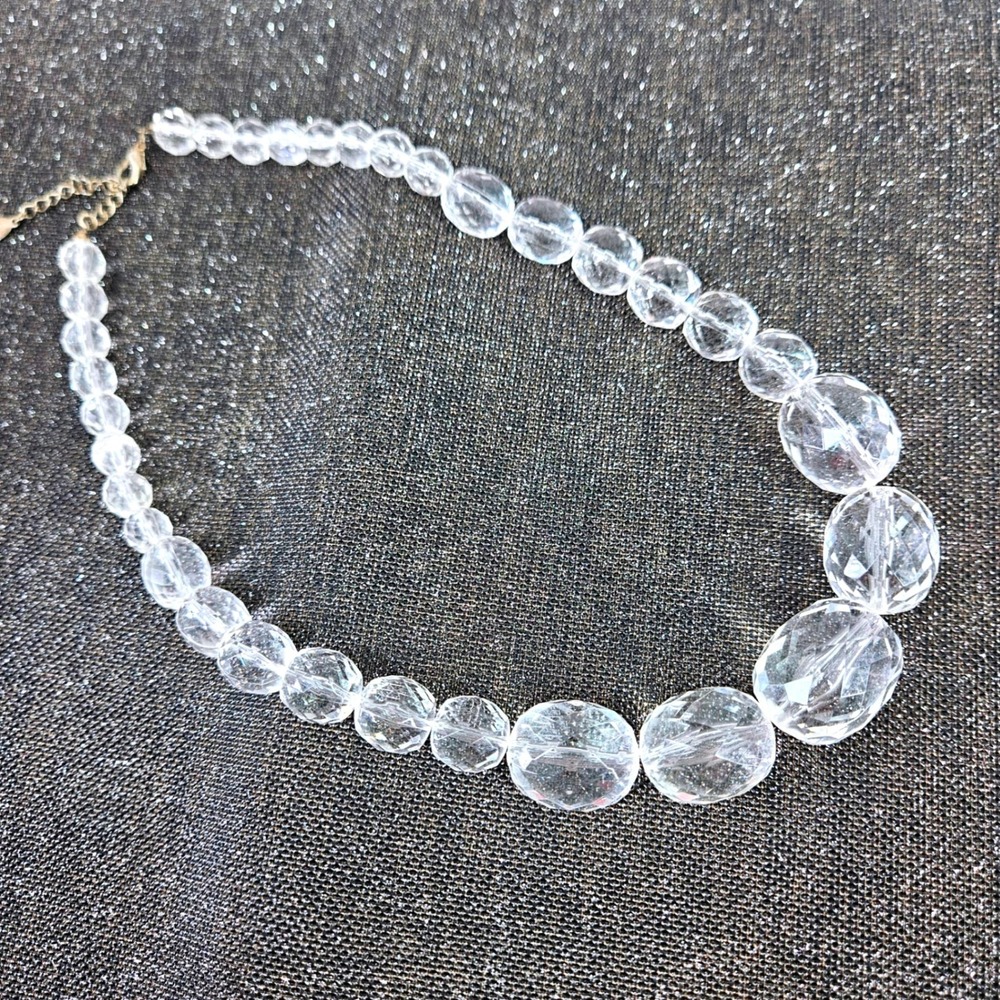 Vintage Clear Faceted Graduated Glass Bead Necklace Silver Tone Adjustable ~20"